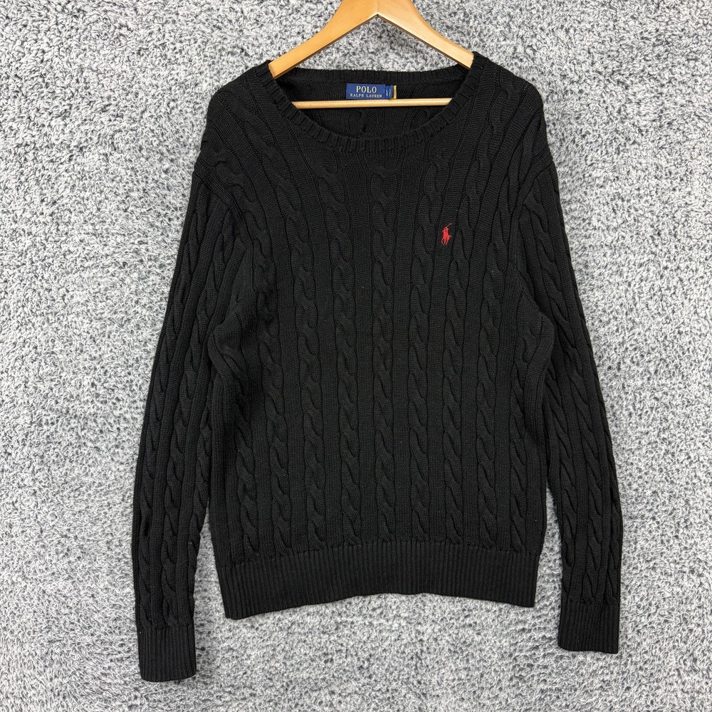 Polo Ralph Lauren Sweater Mens Large Black Cable Knit Cotton Crewneck Pony L